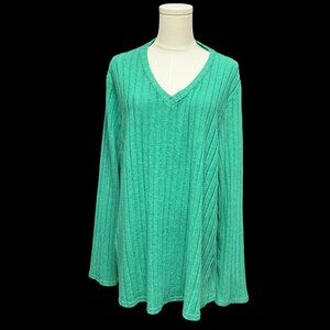 Green Ribbed Knit V-Neck Sweater